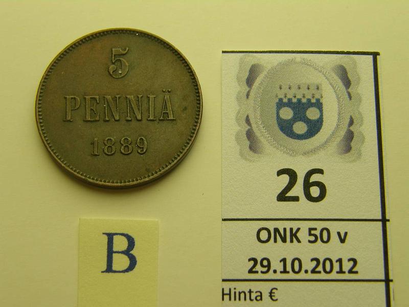 k-0026-b.jpg - Kohde 26 (kuva 2/2), lhthinta: 15 € 5 p 1889 l.puhd, kunto: 6