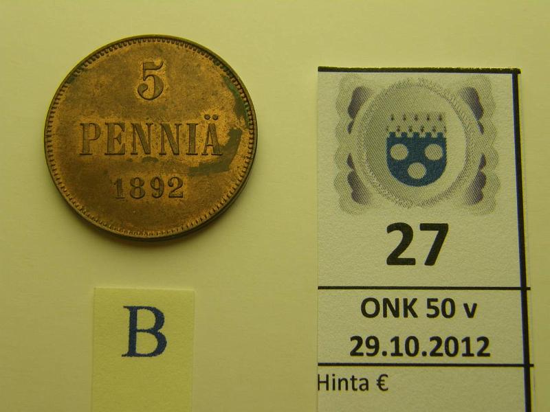 k-0027-b.jpg - Kohde 27 (kuva 2/2), lhthinta: 350 € 5 p 1892 kaunis leimakiilto, hpja, kunto: 8