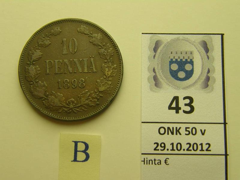 k-0043-b.jpg - Kohde 43 (kuva 2/2), lhthinta: 40 € 10 p 1898 prvja, lievsti kiert. meisti, kunto: 4