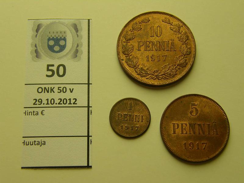 k-0050-a.jpg - Kohde 50, lhthinta: 5 € 1-10 p 1917 II (3) 1p, 5p ja 10p 1917 II (Kerenskyn vliaikaishallitus), leimakiiltoisia, osassa phpja, kunto: 7-8