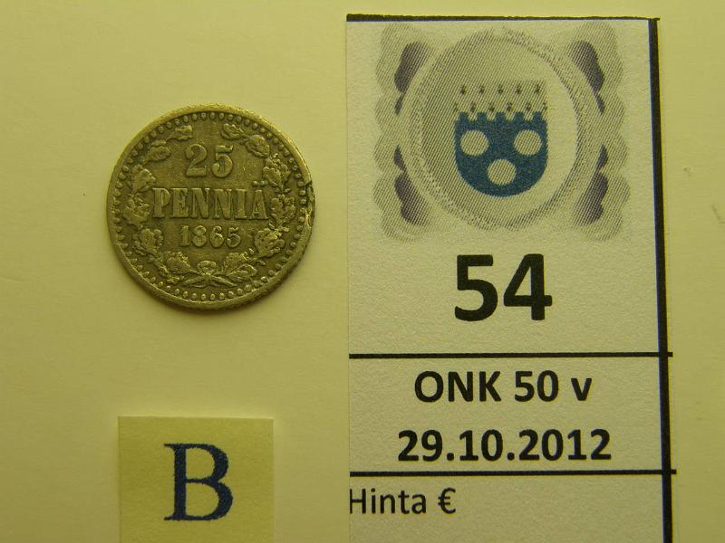 k-0054-b.jpg - Kohde 54 (kuva 2/2), lhthinta: 15 € 25 p 1865 Ag, SNY 265.1.2, rv, kunto: 3