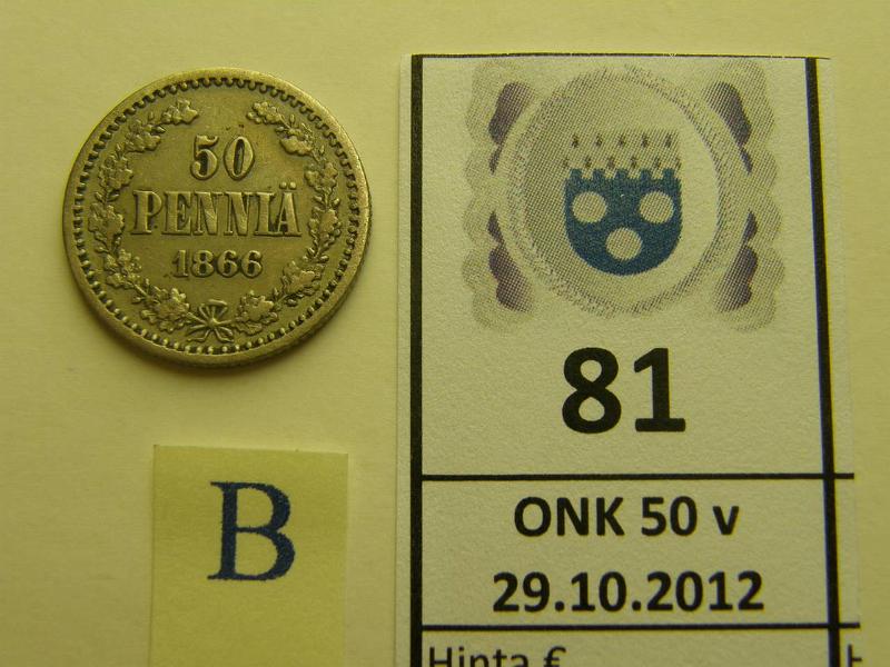 k-0081-b.jpg - Kohde 81 (kuva 2/2), lhthinta: 20 € 50 p 1866 Ag, kunto: 3/4