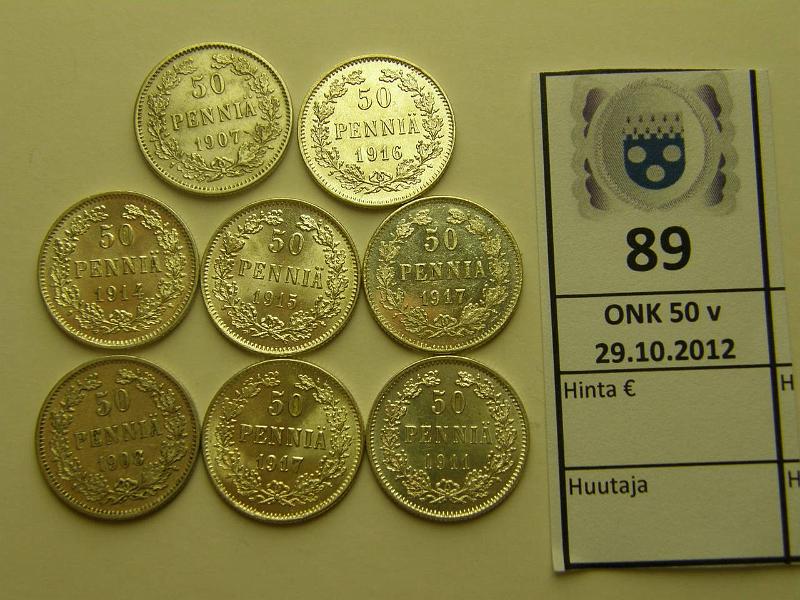 k-0089-a.jpg - Kohde 89, lhthinta: 10 € 50 p 1907-17 II (8) Ag, kaikki v:t, 1907-8 kl6, muut 8-9, kunto: 6-9