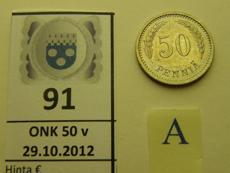 k-0091-a.jpg - Kohde 91 (kuva 1/2), lhthinta: 50 € 50 p 1935 leimakiiltoinen, kunto: 8/9