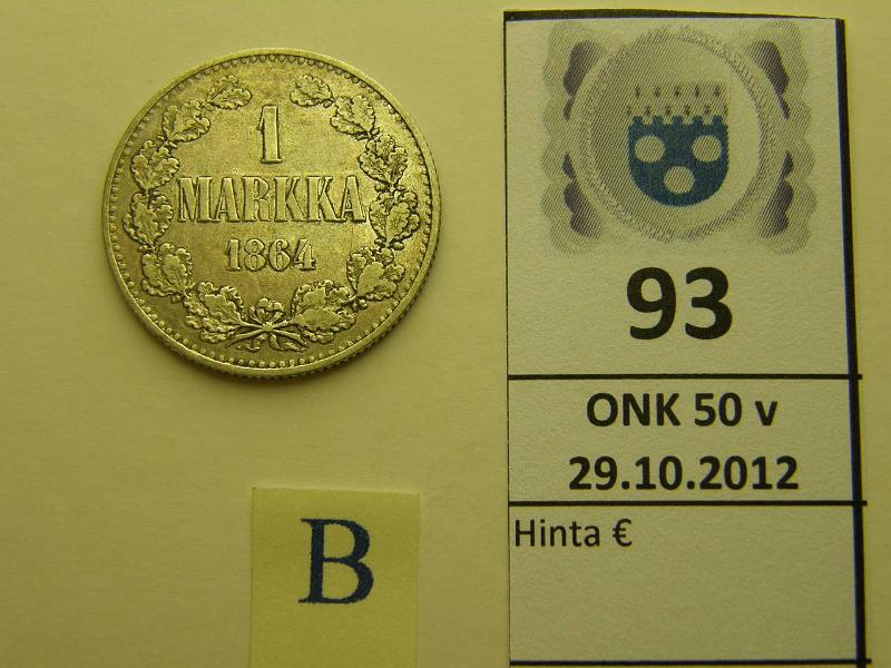 k-0093-b.jpg - Kohde 93 (kuva 2/2), lhthinta: 100 € 1 mk 1864 Ag, SNY 397.2, kunto: 4/5