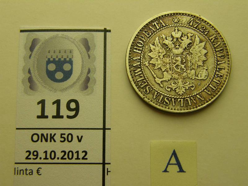 k-0119-a.jpg - Kohde 119 (kuva 1/2), lhthinta: 20 € 2 mk 1865 Ag, SNY 493.2, kunto: 5