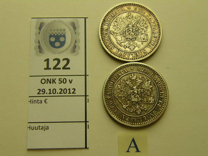 k-0122-a.jpg - Kohde 122 (kuva 1/2), lhthinta: 35 € 2 mk 1870 (2) Ag, kunto: 5,5