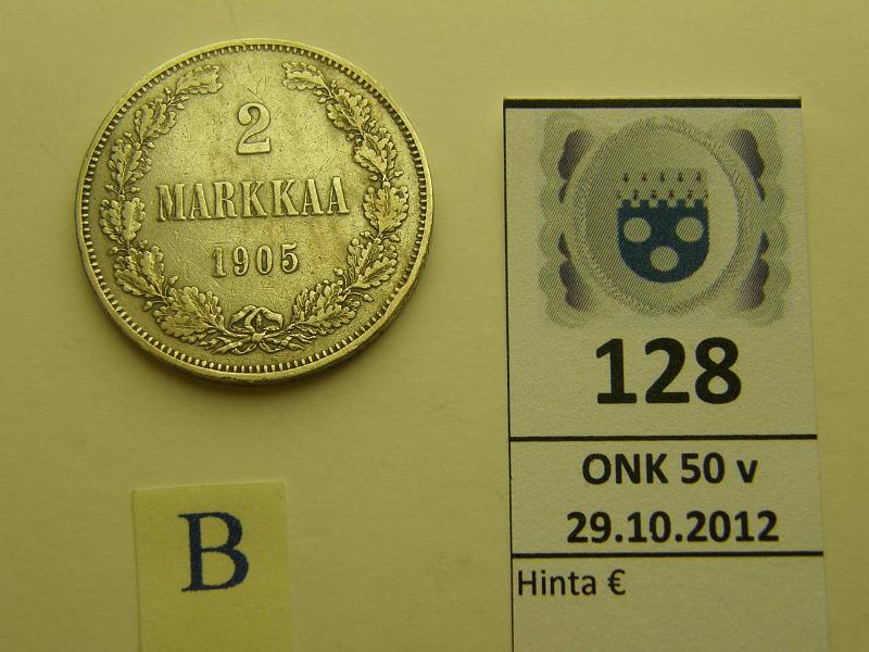 k-0128-b.jpg - Kohde 128 (kuva 2/2), lhthinta: 200 € 2 mk 1905 Ag, kunto: 5