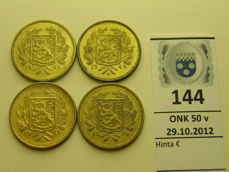 k-0144-a.jpg - Kohde 144, lhthinta: 20 € 5 mk 1938-49 (4) 1938, 40, 41, 49 leimakiiltoisia, kunto: 6-8