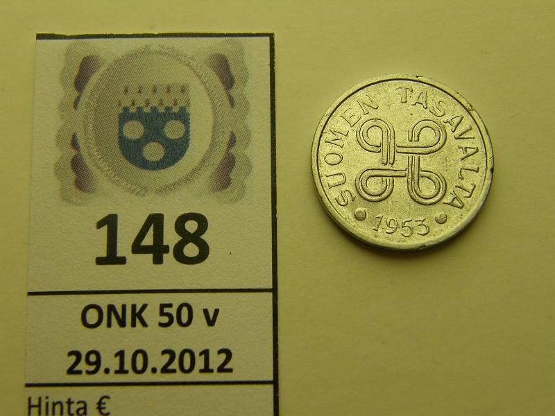 k-0148-a.jpg - Kohde 148, lhthinta: 130 € 5 mk 1953 FeNi, SNY 526, niklattu, mallia 1953-62, rtg-fluorometrill Fe/Ni = 85/15, kunto: 5