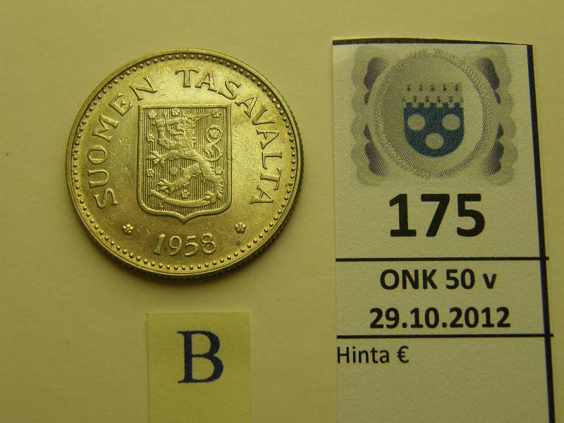 k-0175-b.jpg - Kohde 175 (kuva 2/3), lhthinta: 350 € 200 mk 1958S harv. rahamestarin merkki "S", kunto: 7