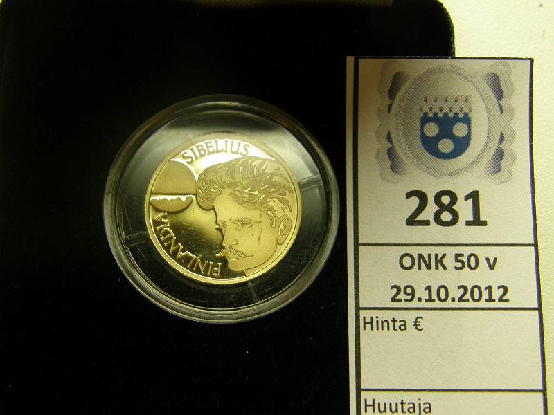 k-0281-a.jpg - Kohde 281, lhthinta: 325 € 1000 mk 1999 Au, Proof, 8,64 g/900, Jean Sibelius, kotelo, tod, kunto: 10