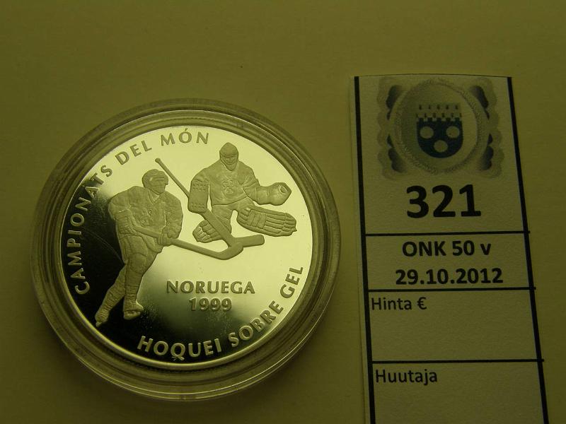 k-0321-a.jpg - Kohde 321, lhthinta: 10 € Andorra 10 d 1999 Ag, Proof, Championnats De Mn Noruega, unssi hopeaa, kunto: 10