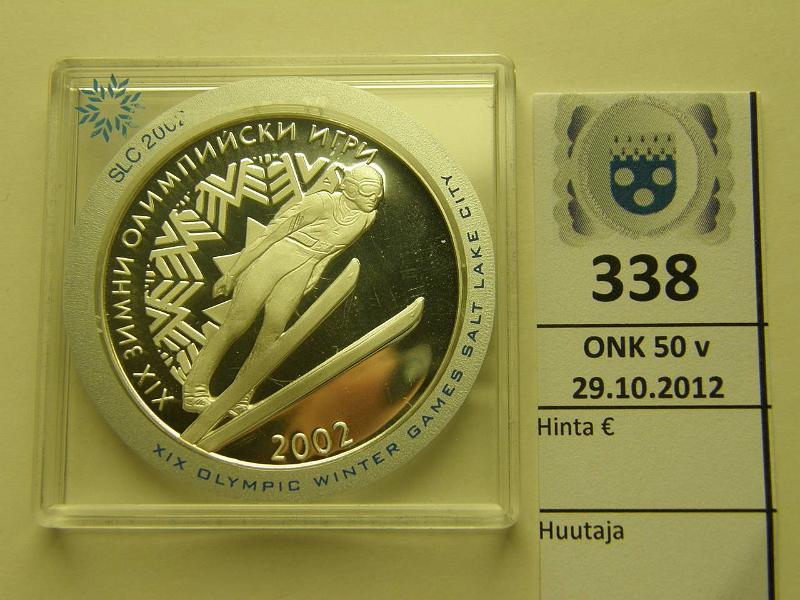 k-0338-a.jpg - Kohde 338, lhthinta: 15 € Salt Lake City 2001 KM#247 Ag, Proof, 10 leva Bulgaria 2002, 23,33 g/925, kapseli, tod., kunto: 10