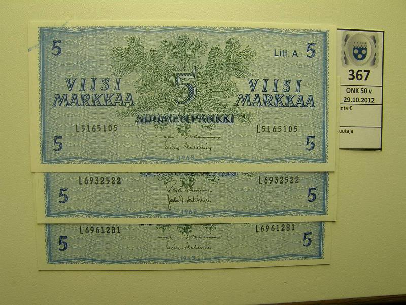 k-0367-a.jpg - Kohde 367, lhthinta: 10 € 5 mk 1963 LA (3) SNY 135.3 L AL I-Hes, UUS-Vou, AL I-Hes (tss vas. ylnurkassa painomuste(?)kaari), kunto: 8-9