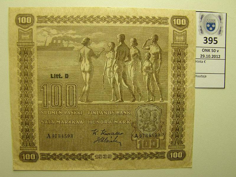 k-0395-a.jpg - Kohde 395, lhthinta: 20 € 100 mk 1939 LD SNY 179.1 A9734593 KIV-Als, vl I, kunto: 5