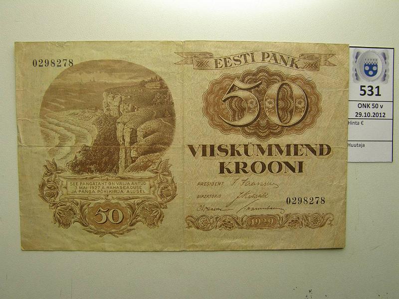 k-0531-a.jpg - Kohde 531, lhthinta: 10 € Eesti 50 krooni 1929 P#65 Eesti Pank, eprep, kunto: 4