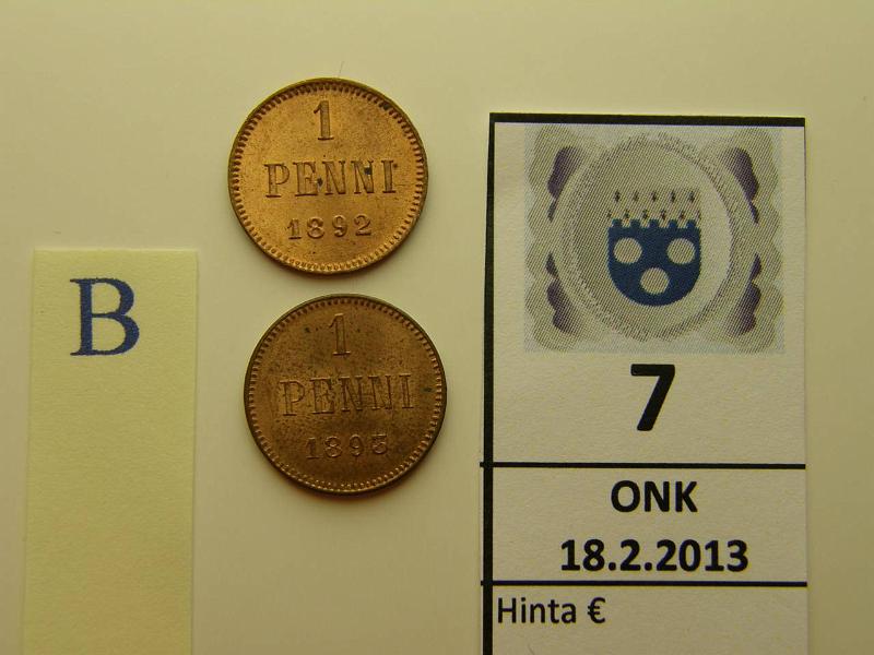 k-0007-b.jpg - Kohde 7 (kuva 2/2), lhthinta: 40 € 1 p 1892, -93 kokonaan leimakiiltoiset rahat, phpja, kunto: 9/8