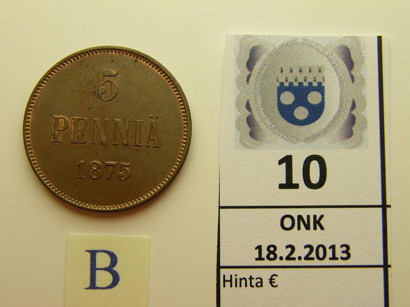 k-0010-b.jpg - Kohde 10 (kuva 2/2), lhthinta: 125 € 5 p 1875 pilkahdus leimakiiltoa, ephpja, hyv kunto tlle vuodelle!, kunto: 7