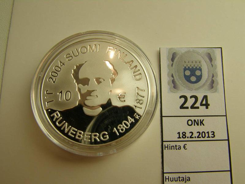 k-0224-a.jpg - Kohde 224, lhthinta: 24 € 10 € 2004 Ag, Proof, Runeberg, kapseli, kunto: 10