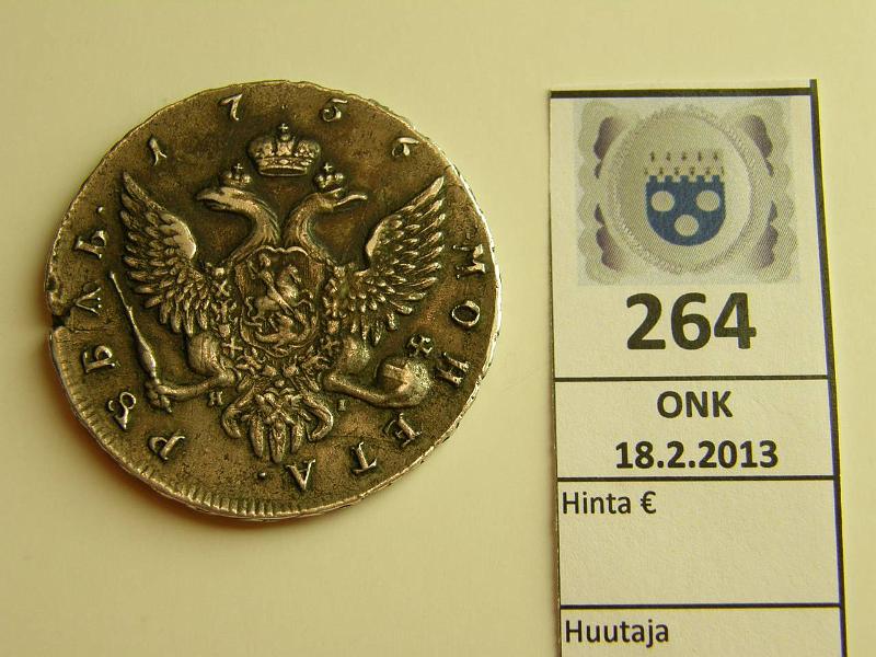 k-0264-a.jpg - Kohde 264 (kuva 1/2), lhthinta: 300 € 1 rpl 1756 Bitkin#278 Ag, Jelizaveta Petrovna, l.puhd, rv, kunto: 5