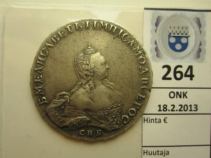 k-0264-b.jpg - Kohde 264 (kuva 2/2), lhthinta: 300 € 1 rpl 1756 Bitkin#278 Ag, Jelizaveta Petrovna, l.puhd, rv, kunto: 5