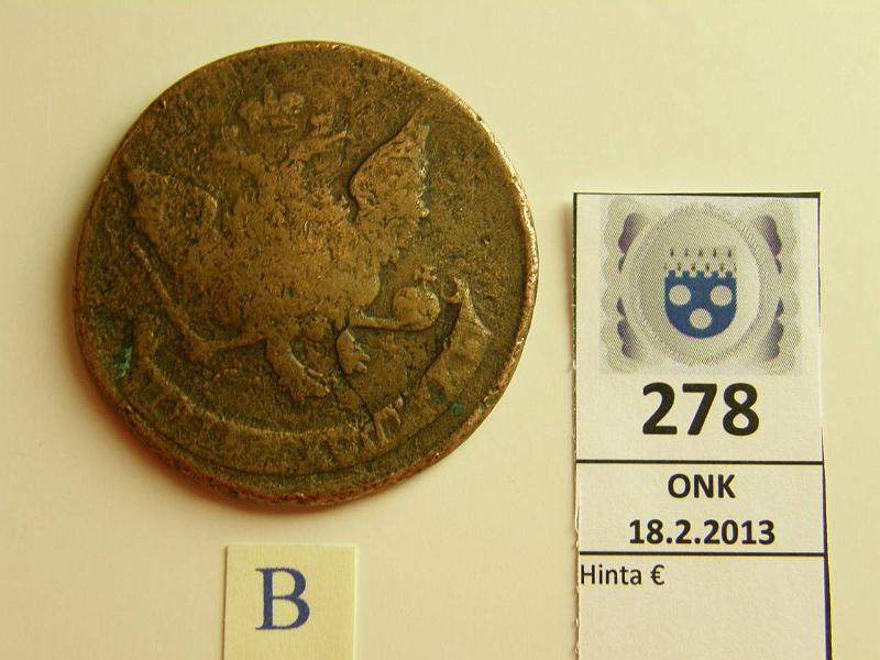 k-0278-b.jpg - Kohde 278 (kuva 2/2), lhthinta: 20 € 5 kop 1788 Bitkin#794 Cu, 47g, O 45mm, Katariina Suuri, K.M. pllepainama 10 kop 1762, molemmat rahat selvsti tunnistettavissa, vuosiluvut nkyviss, vaakunapuoella kolmipinen kotka, mielenkiintoinen!, kunto: 