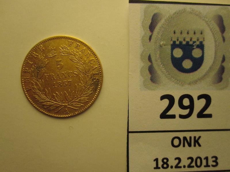 k-0292-a.jpg - Kohde 292, lhthinta: 50 € Ranska 5 fr 1857 KM#787 Au, 1,629 g/900, Napoleon III, kapseli, kunto: 6