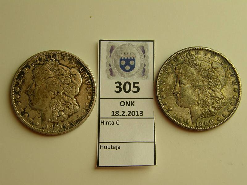 k-0305-a.jpg - Kohde 305, lhthinta: 12 € USA 1 D (2) 1900, -21 KM#110 Ag, 26,73 g/900, Morgan dollar, kunto: 5,4