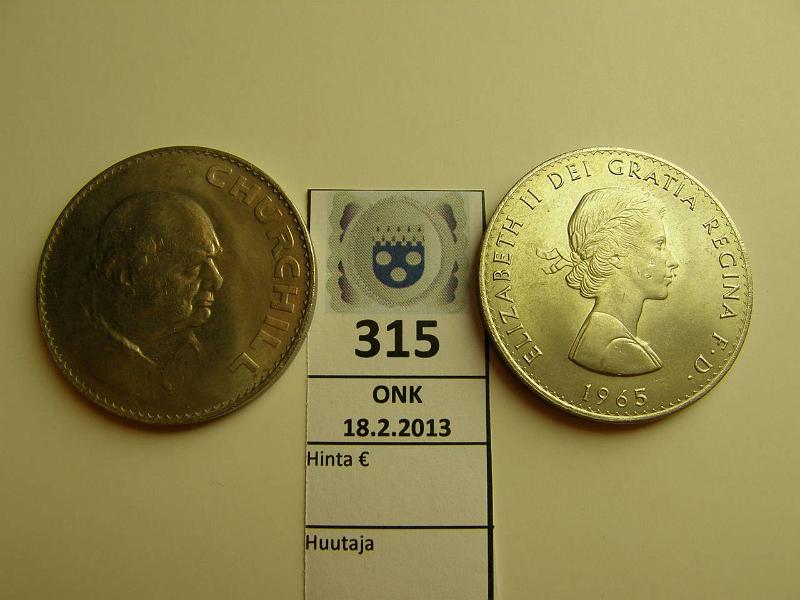 k-0315-a.jpg - Kohde 315, lhthinta: 5 € UK 1 crown 1965 (2) KM#910 CuNi, Winston Churchillin muistorahat. 1 crown = 5 shilling, kunto: 8