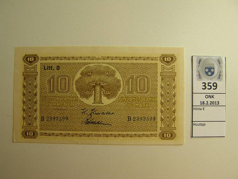 k-0359-a.jpg - Kohde 359, lhthinta: 8 € 10 mk 1939 LD SNY 144.3 B2393599 KIV-Wah, kulmakuvio II, vl I, kunto: 8