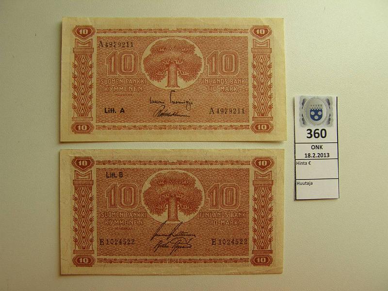 k-0360-a.jpg - Kohde 360, lhthinta: 5 € 10 mk 1945 LA, LB SNY 145.1 ja .2, LA A4979211 TUO-Wah, LB E1024522 RAI-Aas, kunto: 7,6