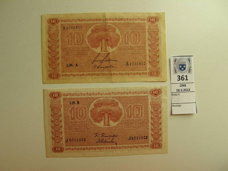 k-0361-a.jpg - Kohde 361, lhthinta: 5 € 10 mk 1945 LA, LB SNY 145.1 ja .2, LA A4236810 RAI-Car, allekirjoitukset ja osin sarjanro nkyvt setelist mys toisella puolella(!); LB J6011502 KIV-Als, kunto: 6,8