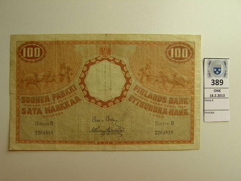 k-0389-a.jpg - Kohde 389, lhthinta: 100 € 100 mk 1909 Sarja II SNY 176.6 2264818 COL-His, eprep, tahroja, kunto: 4