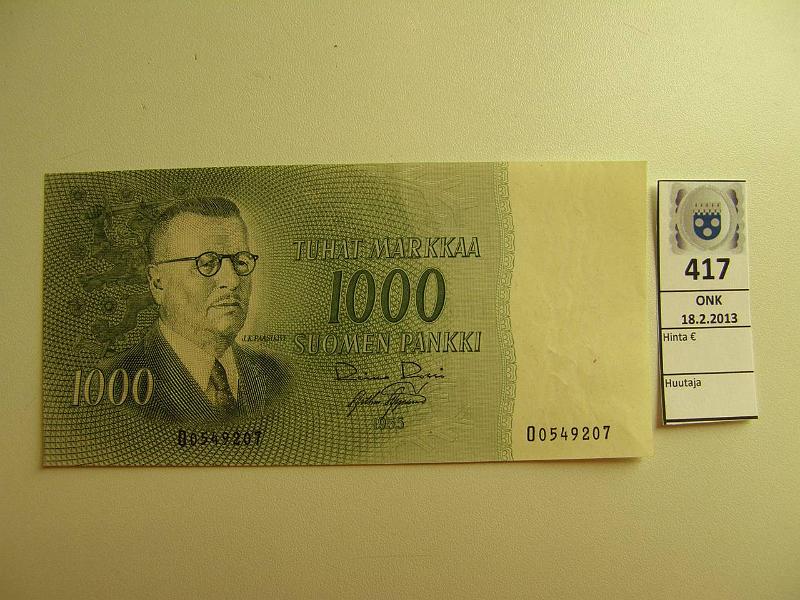 k-0417-a.jpg - Kohde 417, lhthinta: 80 € 1000 mk 1955 SNY 200.1 O0549207 RO I-AAs, vl I. Painaumia kulmissa, ei keskitaitetta, kunto: 6