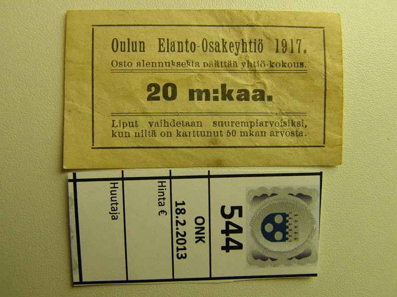 k-0544-a.jpg - Kohde 544, lhthinta: 10 € 20 mk 1917 Oulun Elanto Osakeyhti 20m:kaa, 6, 3x3, 6cm, hpja, ei Pasasen kirjassa, kunto: 5