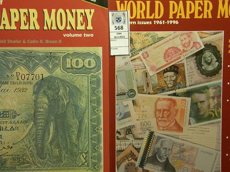 k-0568-a.jpg - Kohde 568, lhthinta: 10 € World Papermoney 1961-96 General & modern issues, toim. Shafer&Bruce II ja Bruce II&Cuhaj, 2 kirjaa, siistej, etulehdill Oulun Numismaattisen Kerhon leimat, kunto: 8