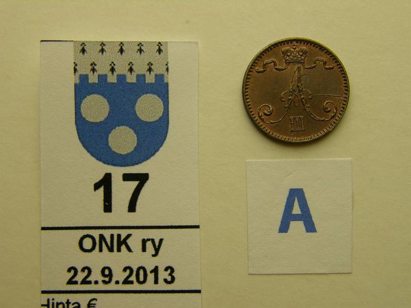 k-0017-a.jpg - Kohde 17 (kuva 1/2), lhthinta: 15 € / myyntihinta: 15 € 1 p 1891 meistihalkeama, hpja, kunto: 8