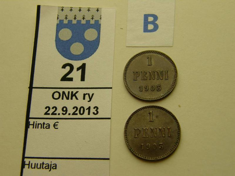 k-0021-b.jpg - Kohde 21 (kuva 2/2), lhthinta: 5 € / myyntihinta: 8 € 1 p 1903 (2) SNY 28.2, molemmissa iso 3, kunto: 6