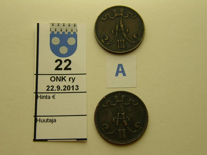 k-0022-a.jpg - Kohde 22 (kuva 1/2), lhthinta: 5 € / myyntihinta: 11 € 5 p 1865, -88 1865 eprvja, muuten hyv, 1888 tasaisen kulunut, kunto: 5,4