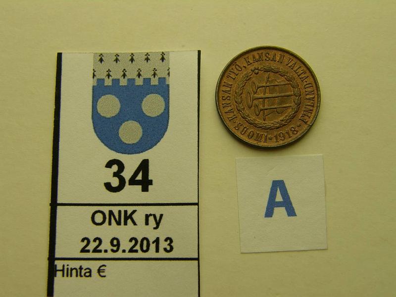 k-0034-a.jpg - Kohde 34 (kuva 1/2), lhthinta: 60 € / myyntihinta: 74 € 5 p 1918 KV I SNY 94.1, leimakiiltoa, kaunis!, kunto: 8