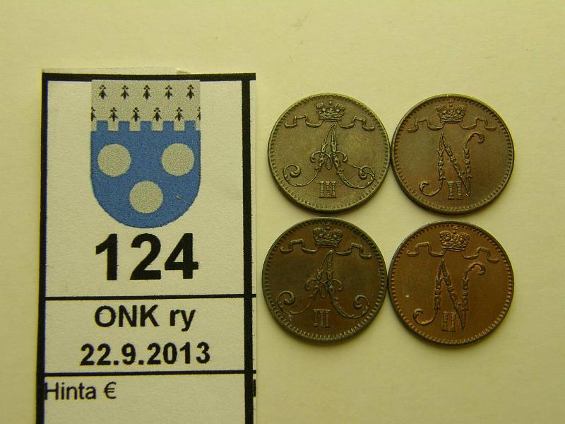 k-0124-a.jpg - Kohde 124, lhthinta: 5 € / myyntihinta: 5 € 1 p (4) 1883-1907 Cu, 1883(kl7), -88(kl6), -98(kl7), 1907(kl6), kunto: 6-7