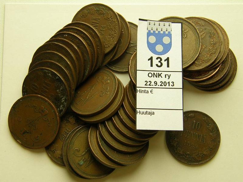 k-0131-a.jpg - Kohde 131, lhthinta: 20 € / myyntihinta: 50 € 10 p (40) 1865-1917 Cu, 1865(4), -66, -76, -97, -99, 1900, -05, -07(3), -08(3), -11(4), -12(2), -14(3), -15(2), -16(10), -17(3), kunto: 1-6