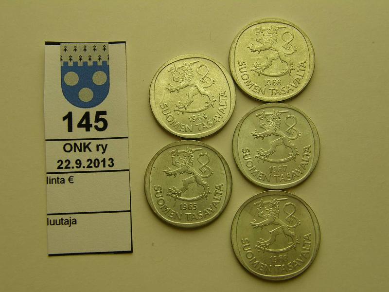 k-0145-a.jpg - Kohde 145, lhthinta: 5 € / myyntihinta: 11 € 1 mk (5) 1964-68 Ag, kaikki v:t, kunto: 7-8