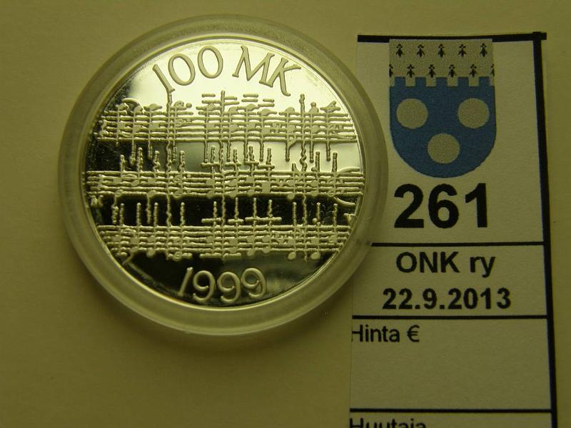 k-0261-a.jpg - Kohde 261, lhthinta: 28 € / myyntihinta: 28 € 100 mk 1999 Ag, proof, Sibelius, kapseli, tod, kunto: 10