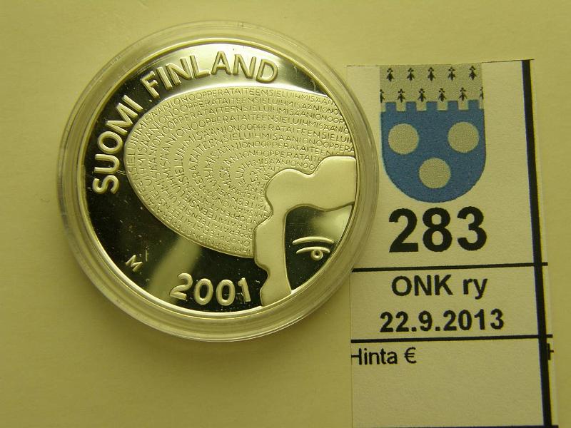 k-0283-a.jpg - Kohde 283, lhthinta: 35 € / myyntihinta: 38 € 100 mk 2001 Ag, proof, Ackt, kapseli, kunto: 10