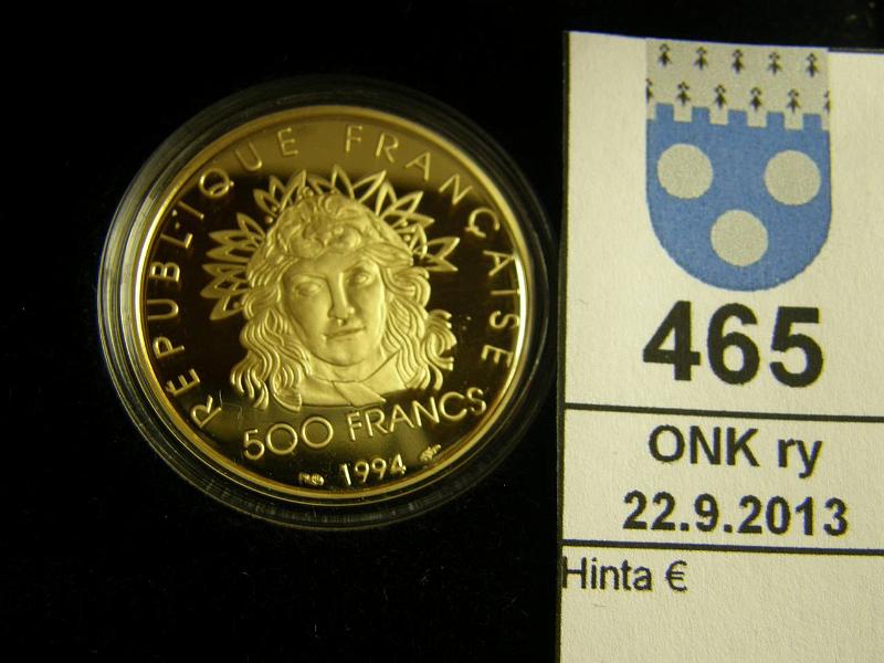 k-0465-a.jpg - Kohde 465, lhthinta: 480 € / myyntihinta: 480 € Ranska 500 fr 1994 KM#1059 Au, proof 16,97 g/917. Olympiasarja. Jousiampuja. Nahkakotelo, laatikossa km, tod, kunto: 10