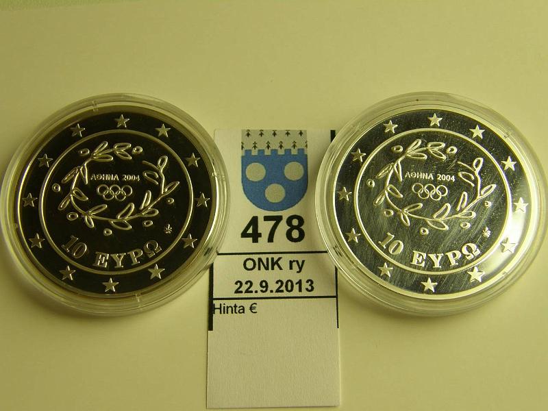 k-0478-a.jpg - Kohde 478, lhthinta: 20 € / myyntihinta: 21 € Kreikka 10€ (2) 2003 KM#190, 191 Ag, proof 34g/925, Ateenan olympialaiset 2004, kiekonheittj ja juoksija, kapselit, kunto: 10