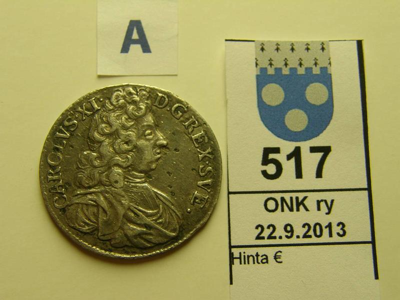 k-0517-a.jpg - Kohde 517 (kuva 1/2), lhthinta: 100 € / myyntihinta: 105 € 2 mk 1694 KM#282.1 Ag, ij, kunto: 4