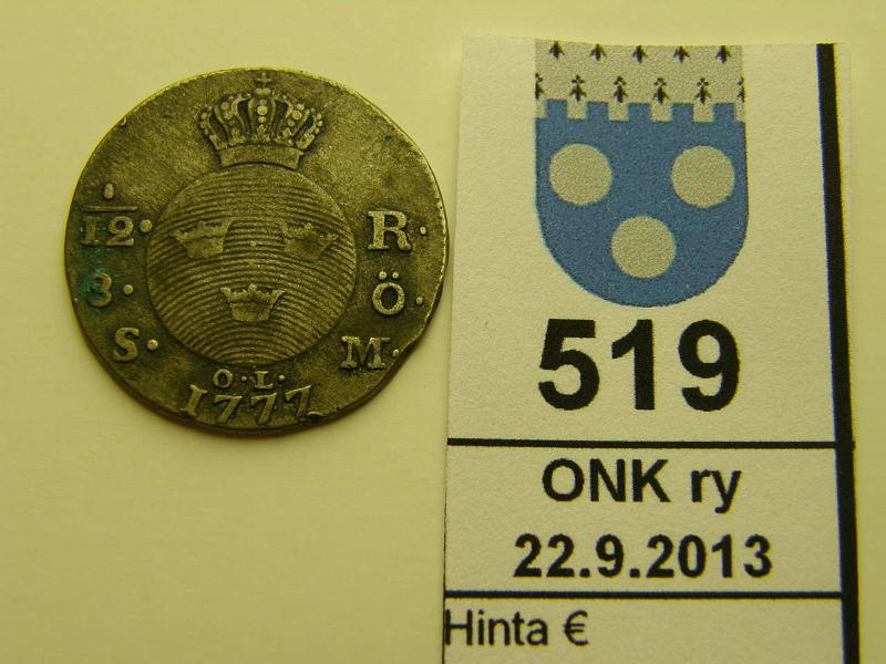 k-0519-a.jpg - Kohde 519, lhthinta: 15 € / myyntihinta: 21 € 1/12 RD 1777 KM#520 Ag, ollut ripustettuna?, kunto: 5